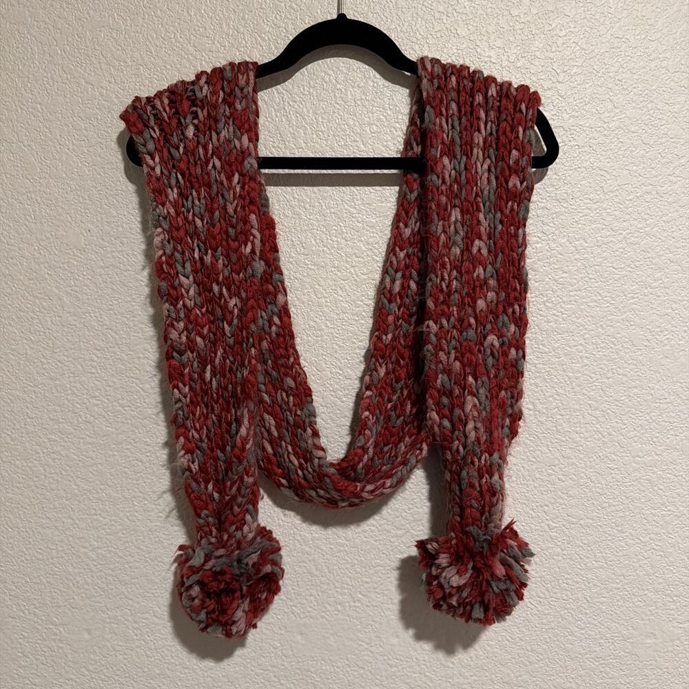90s Y2k Fossil Chunky Knit Scarf Wrap Red Pom Pom
